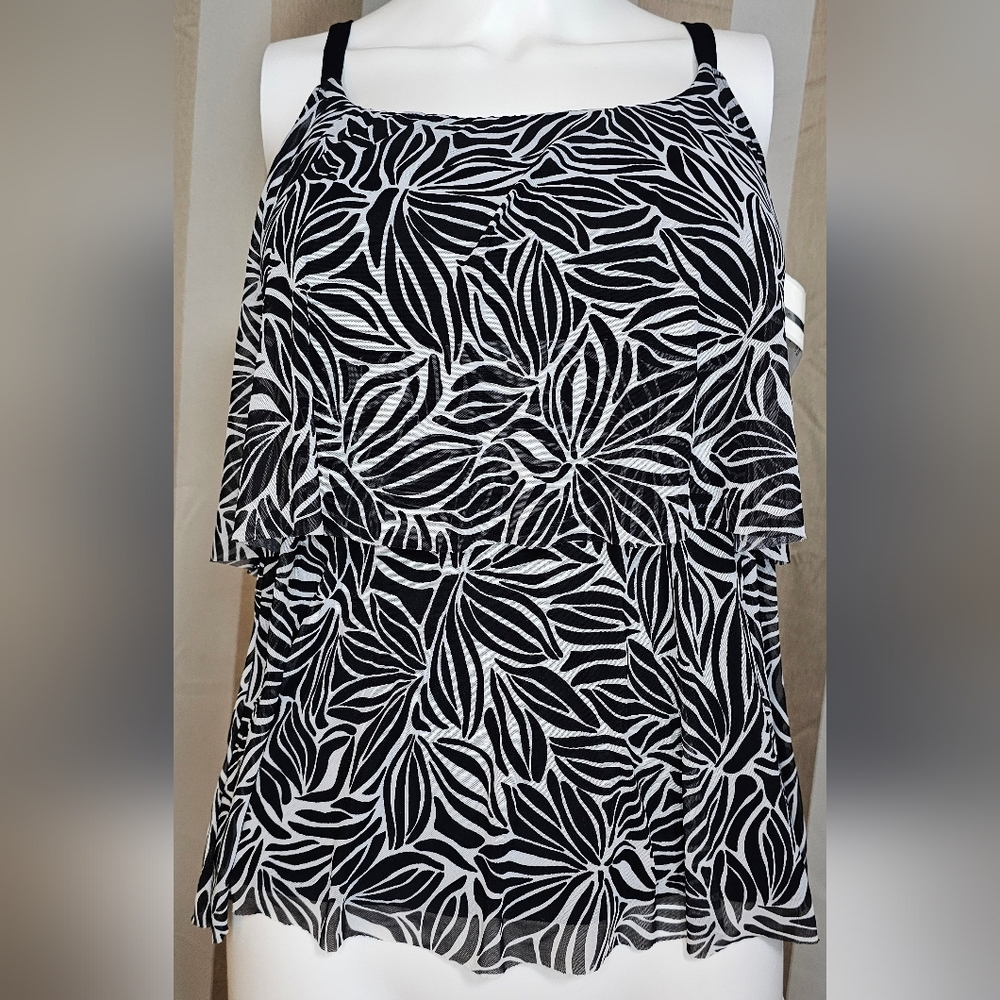 Lands' End Tankini Top Black White Layered Mesh Women's Swim NWT XS